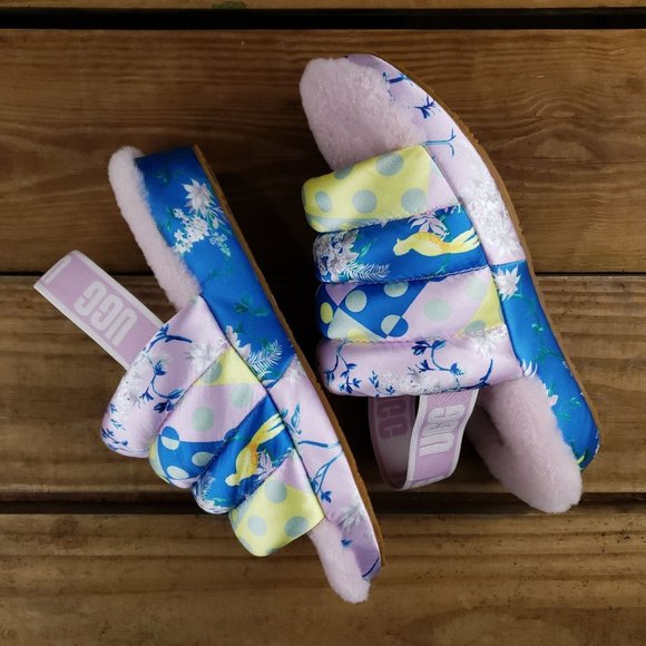UGG Puff Yeah Floral Polka Dot Slide Sling Back Womens Size 8 Lamb Fur Silk Pink - Picture 4 of 10